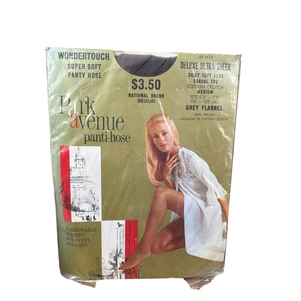 NOS Vintage 1960s Panti-Hose Pantyhose Park Avenue Grey Flannel Nylon Medium